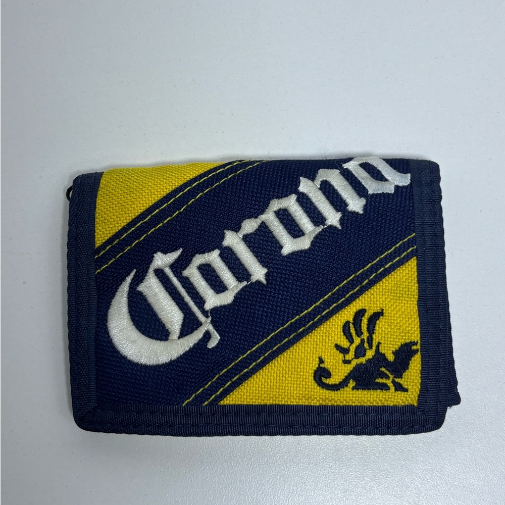 Corona Trifold Men's Wallet Yellow Blue Logo Zipper Closure